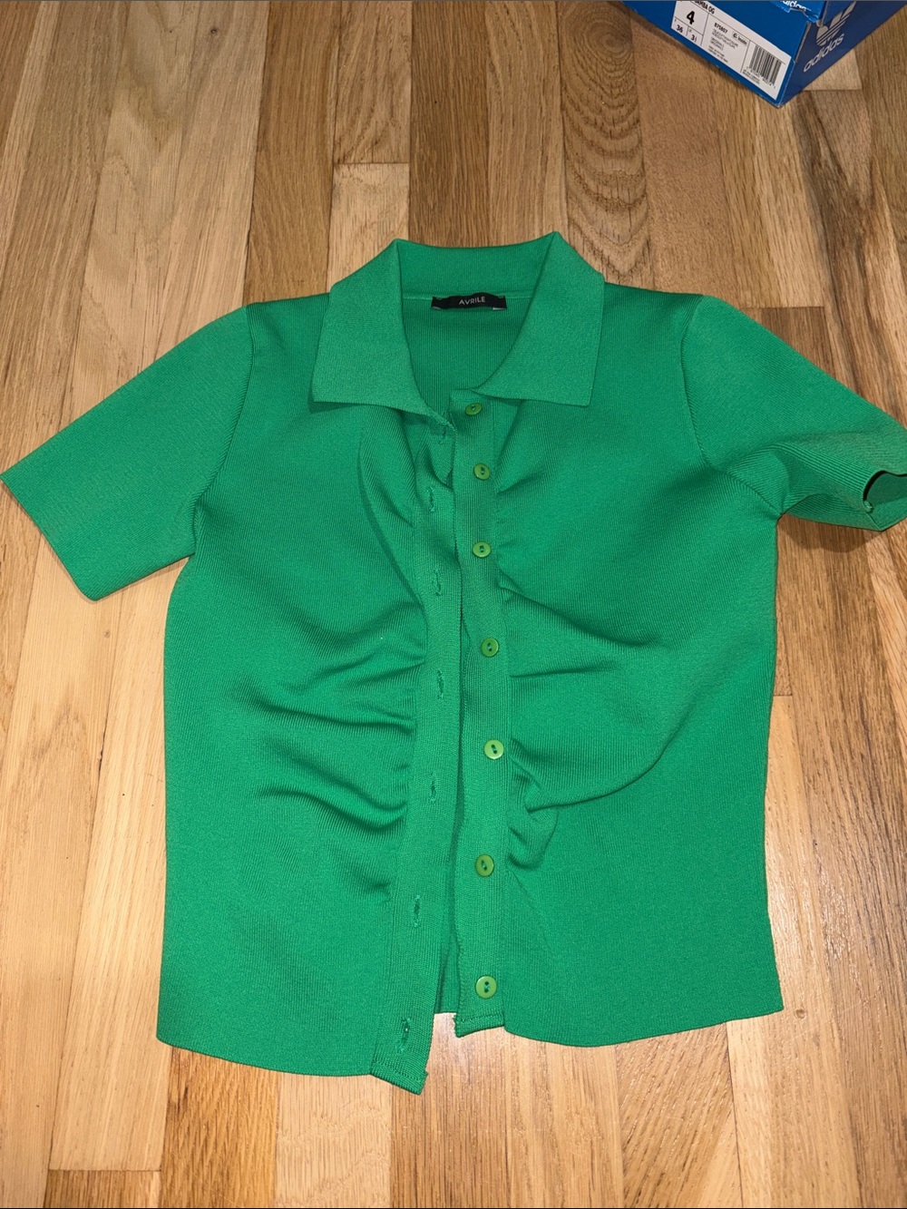 Green Short-Sleeve Ruffle Button-Up Top